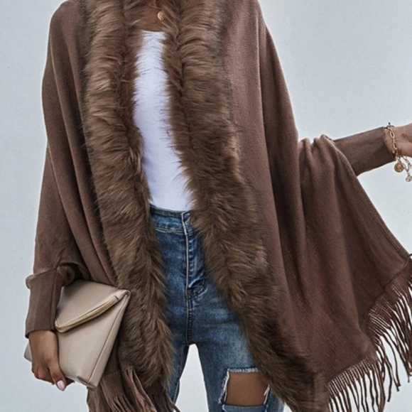 Chocolate Mousse Faux Fur Trimmed Shawl Collar Cardigan Wrap Sz Small 5 🌟 rated - Picture 4 of 5